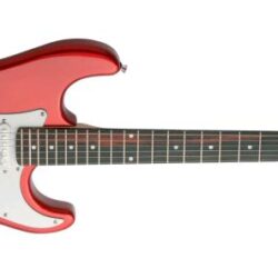 Elgitarpakke med gitar, reim, og bag, rød metallic